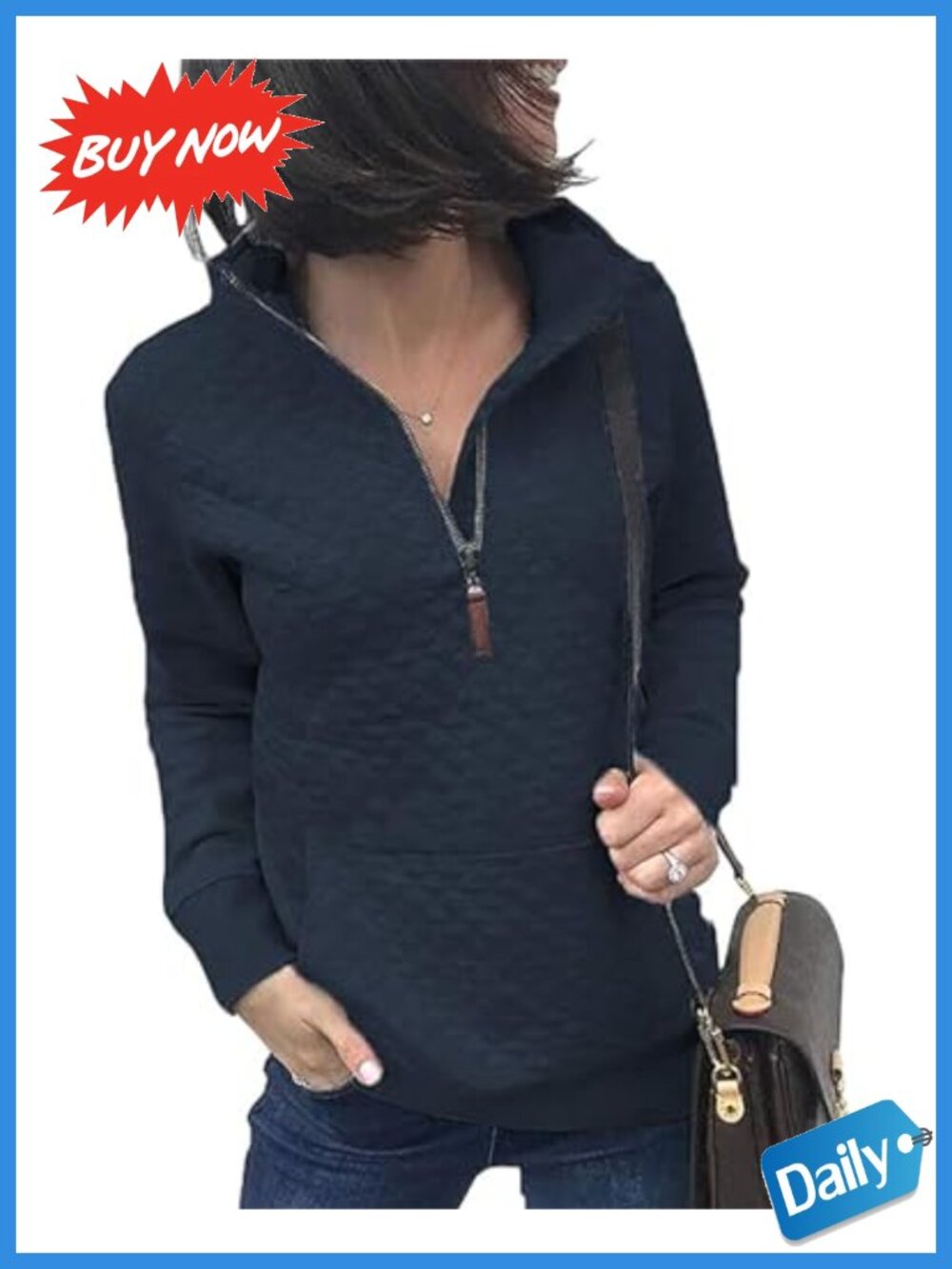 Quarter Zip Quilted Pullover Sweatshirt Kangaroo Pocket Relaxed Fit